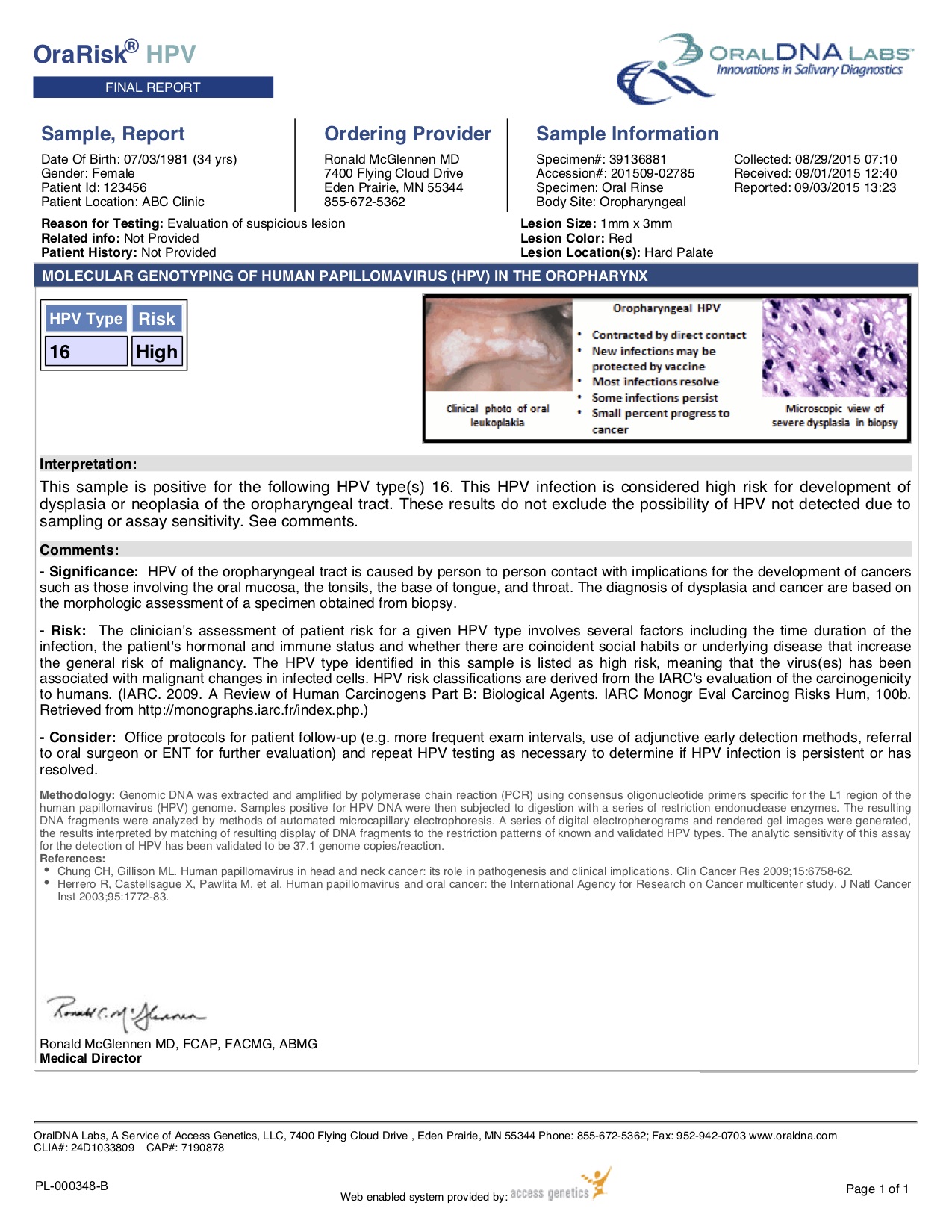 Oral Risk HPV Report Sample Report